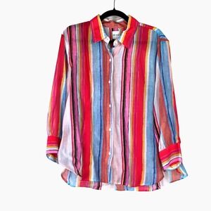 Nic+Zoe Colorful Stripe Lightweight Sheer Button Up Shirt Size L 3/4 Sleeve